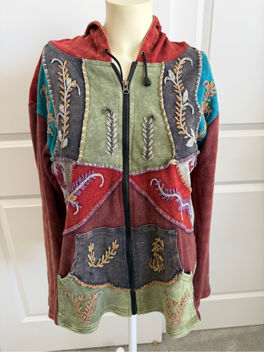 Rising International Sz L Multicolor Patchwork Hoodie Festival Boho
